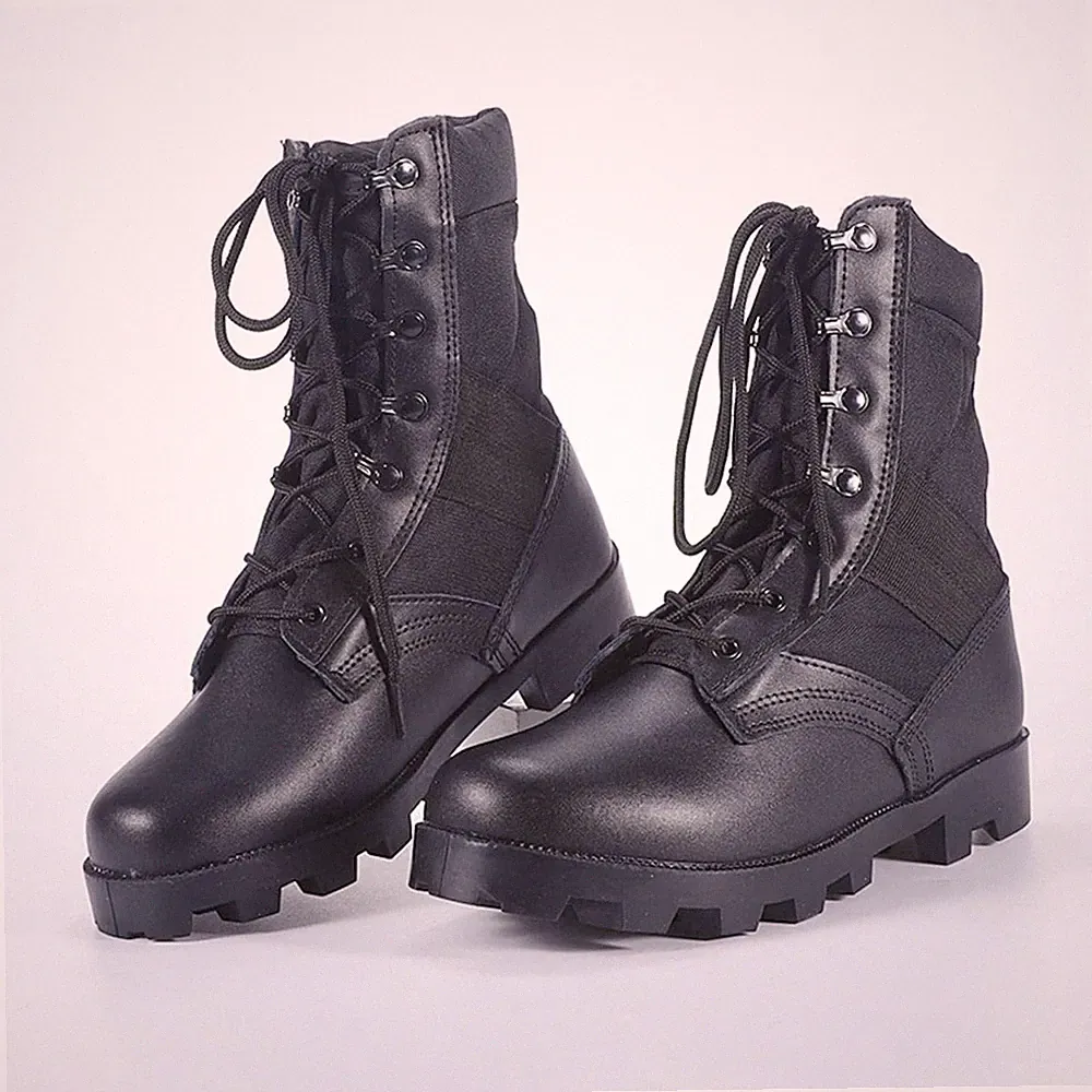 Mens Tactical Leather Jungle Black Hiking Boots Canvas Panama Sole Combat Army