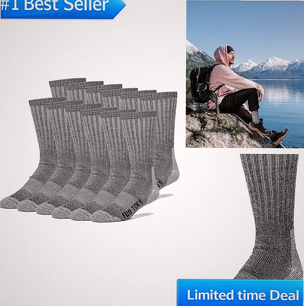 Merino Wool Hiking Socks Thermal Cushioned Crew 6 Pairs Boot Socks Men