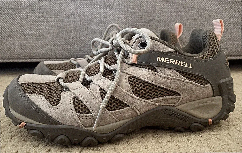 MERRELL Alverstone Aluminum Gray/Brown Hiking Shoes Sz 8 Womens J033034