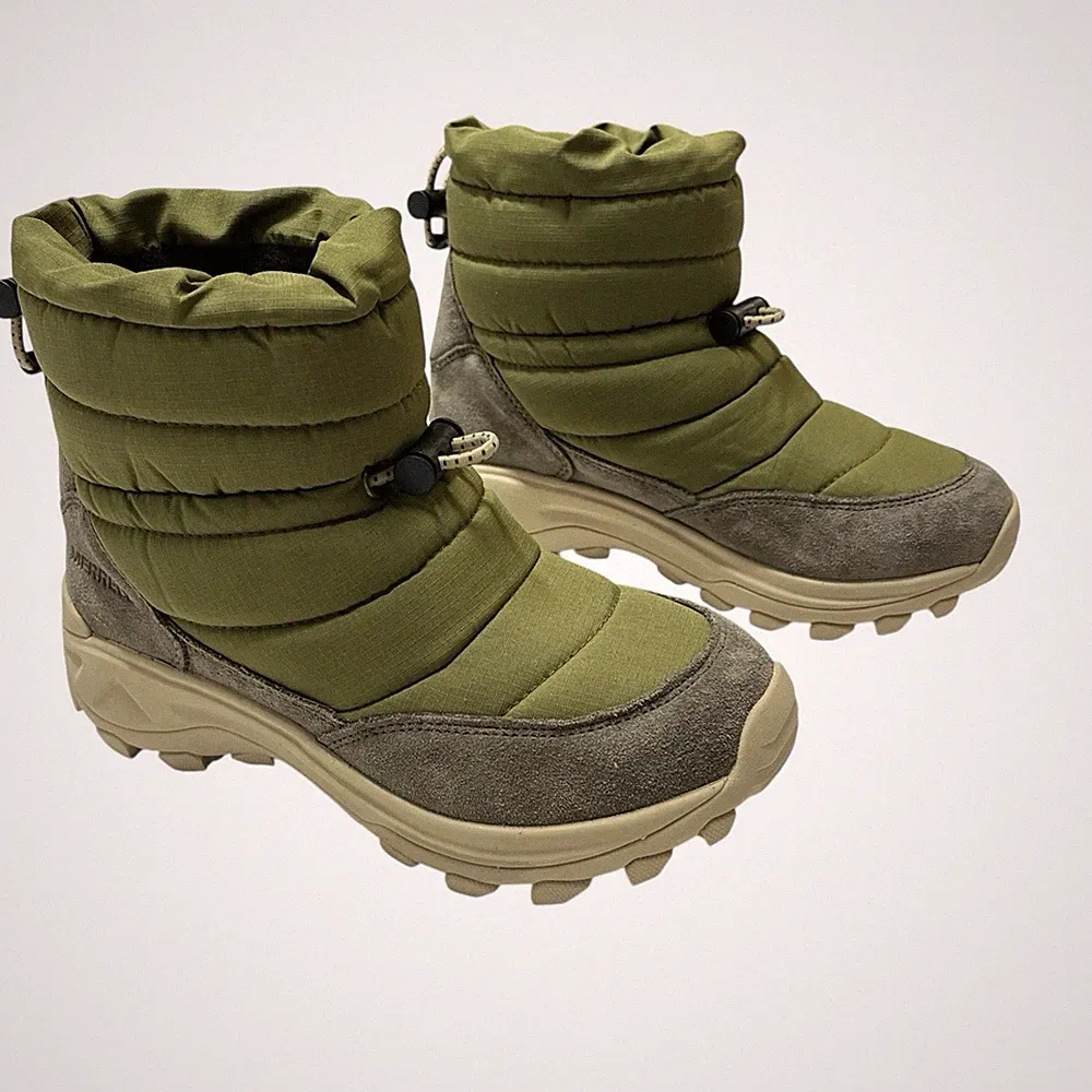 Merrell Boots Mens 4 Moc Zero Winter Green Tall Quilted Insulated Slip On Snow