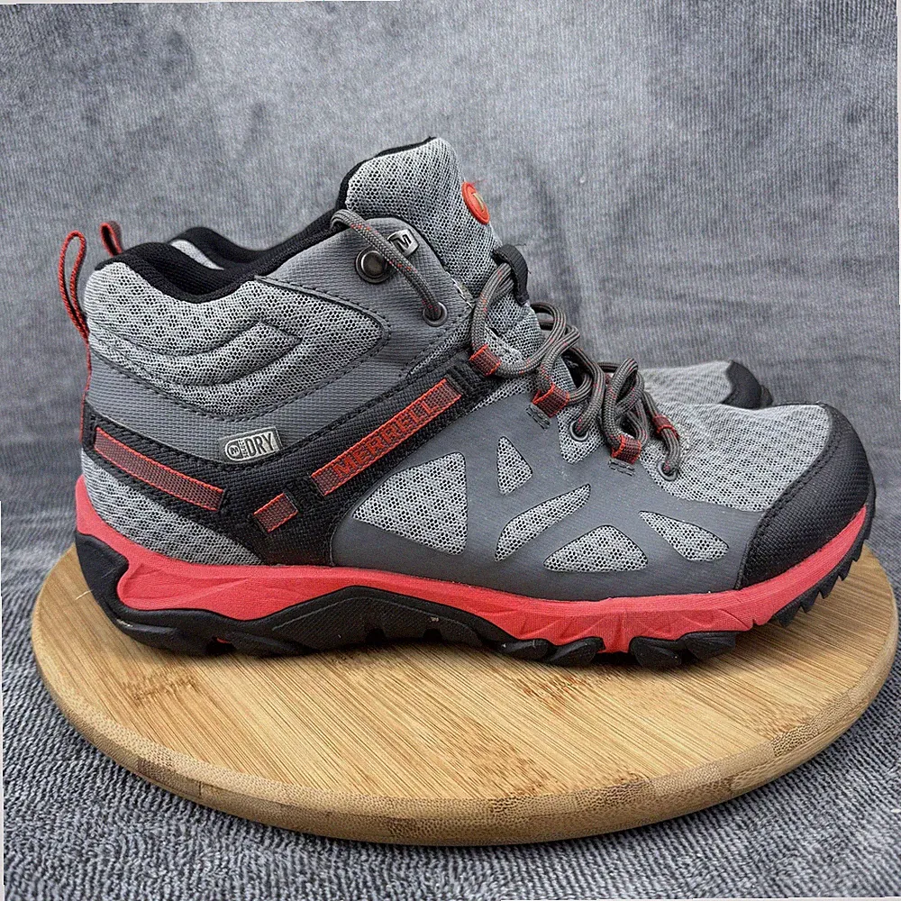 Merrell Boots Mens Size 8.5 Gray Red Waterproof Hiking Trail Outdoor J342255C