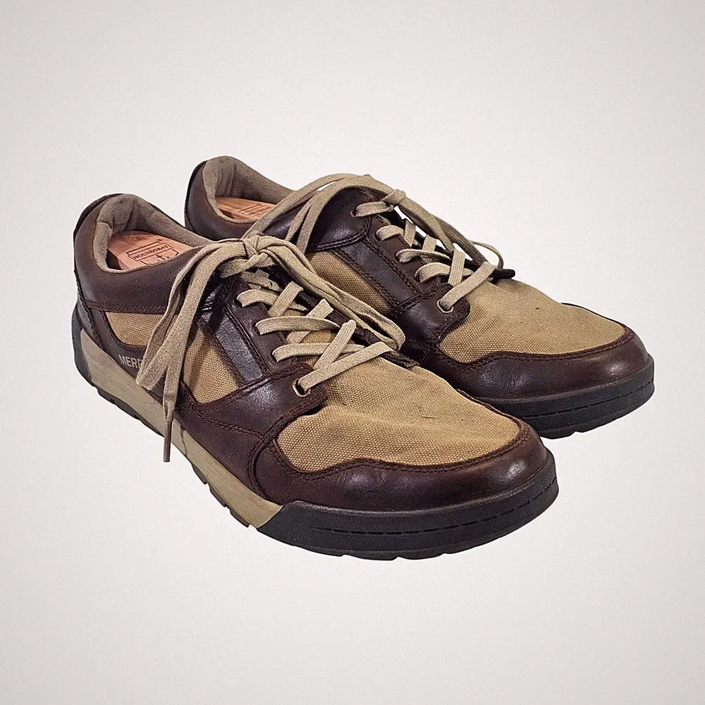 Merrell Boulder Mens 13 Brown Leather Canvas Hiking Shoes J91411 Low Top