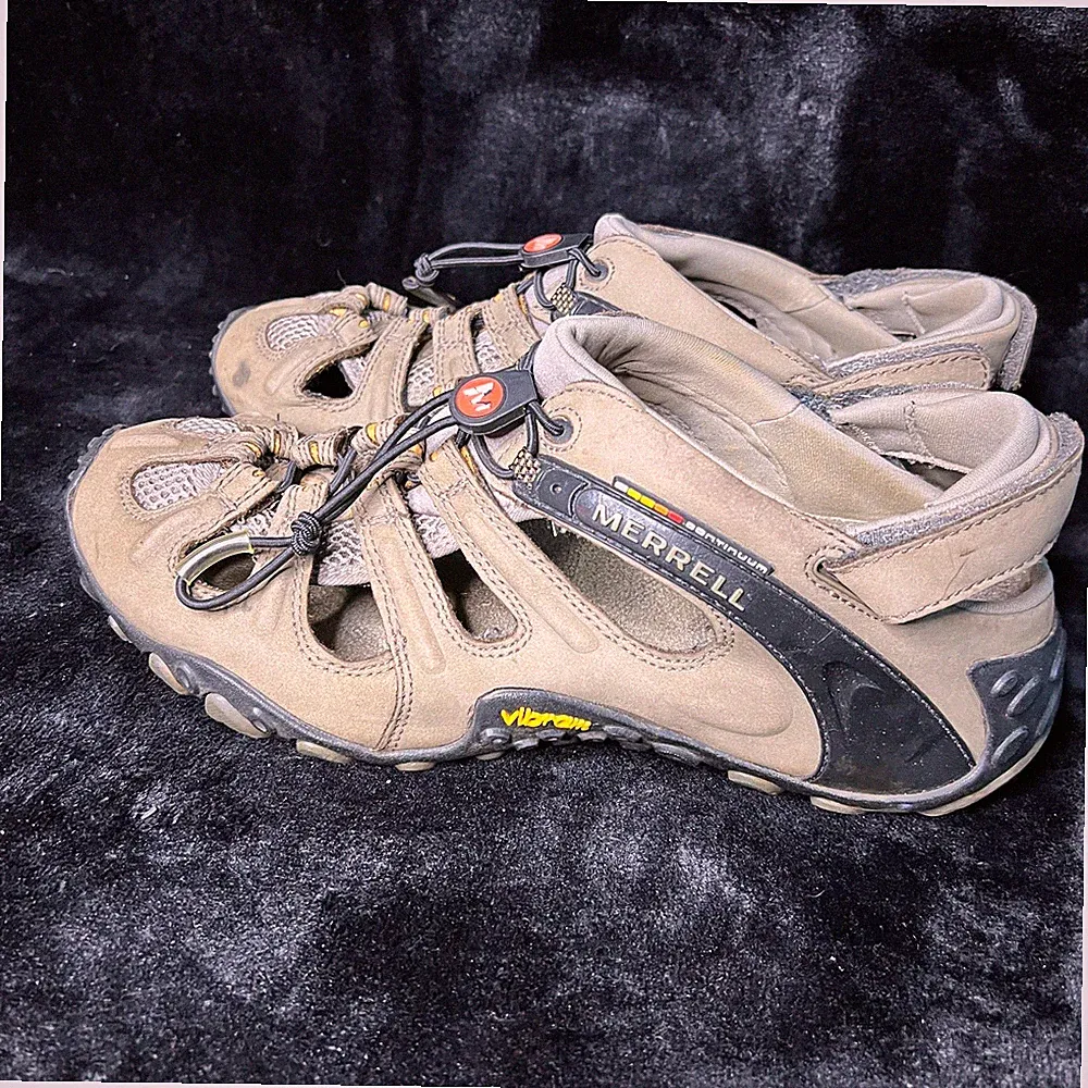 Merrell Chameleon Mens 11.5 Hiking Shoes Beige Leather Waterproof Bungee Lace