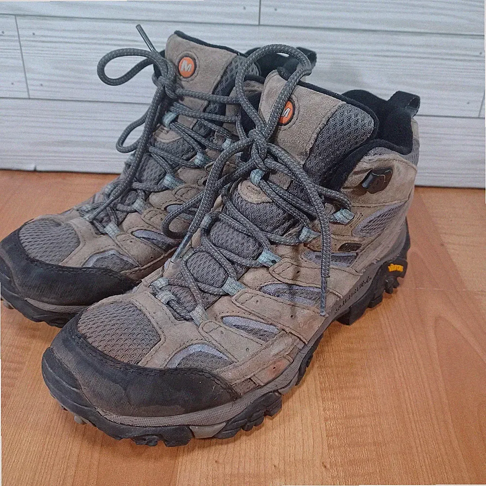 Merrell Moab 2 Mid Boots Womens 9 Brown Suede Hiking Trail Vibram Stained