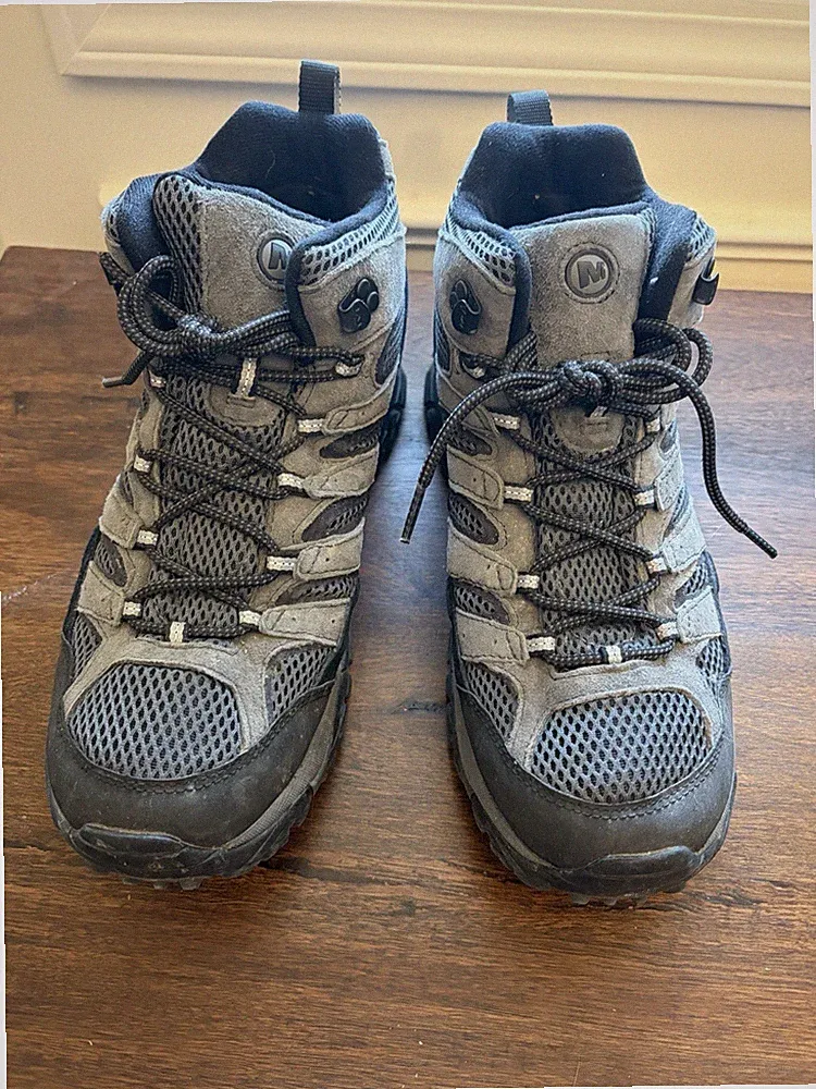 Merrell Moab Mid Hiking Boots Mens 10 Wide Gray Black Vibram Trail Outdoor Shoes