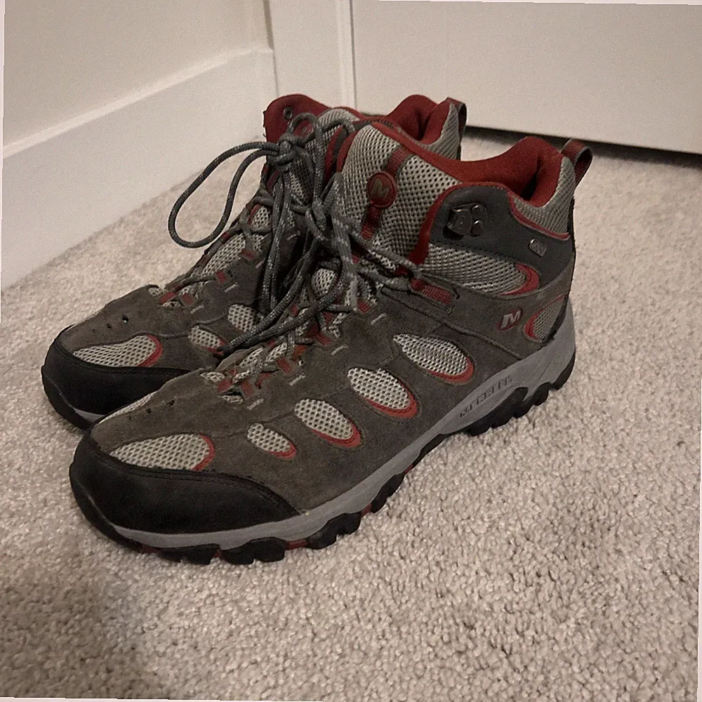 Merrell Ridgepass Castle Rock Hiking Boots Mens 12 Red Grey Waterproof Cap Toe