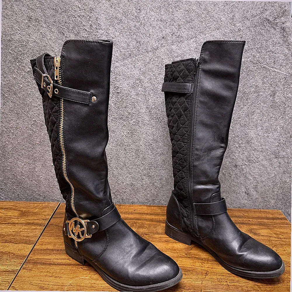 Michael Kors Riding Boots 8 Black Gold Quilted Knee High Equestrian Streetwear