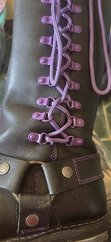 Milwaukee Leather Knee High Leather black Boots w/ Purple Laces & Stitching