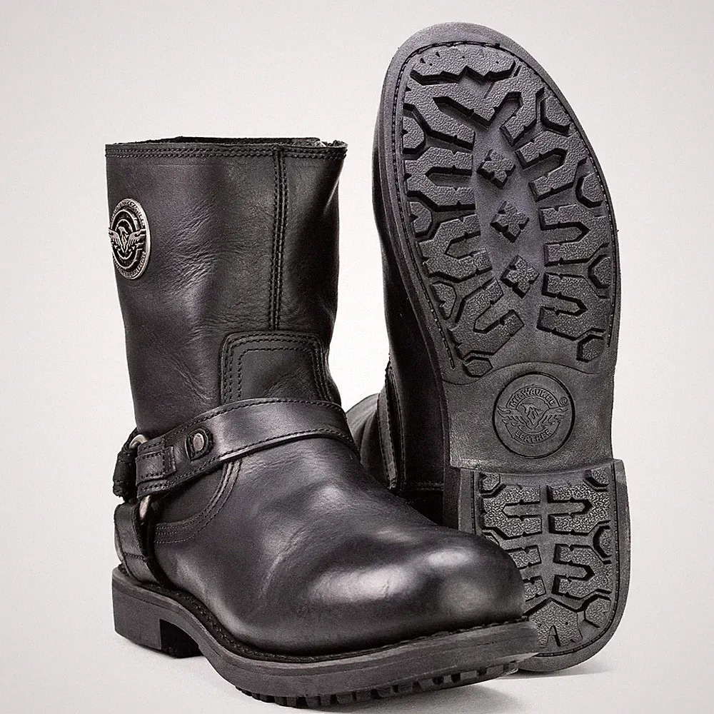 Milwaukee Leather MBM9042 Men's Black Ruf Leather Short Harness Motorcycle Boots