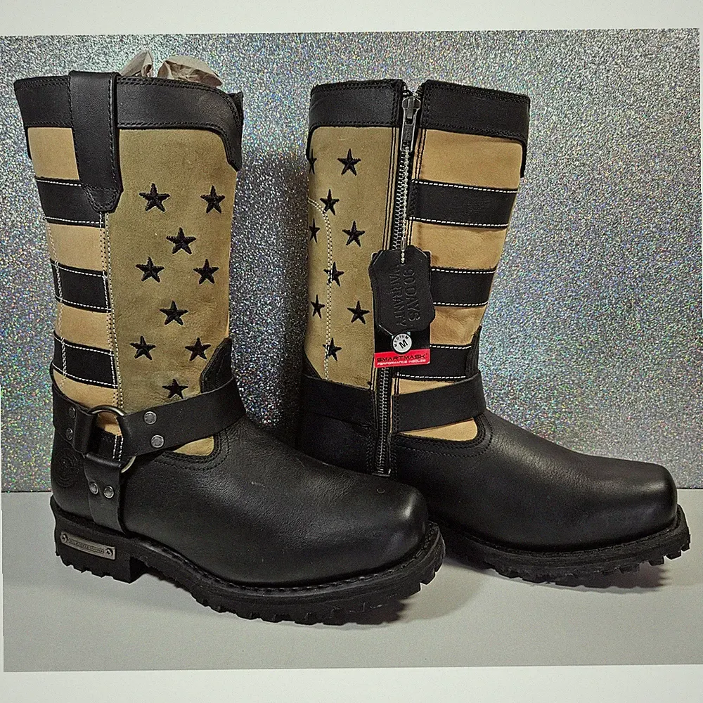 MILWAUKEE Leather Men's Stars & Stripes Harness Biker Motorcycle Boots Sz. 8 NIB