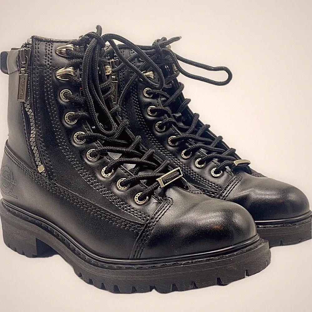 Milwaukee Motorcycle Leather Boots Black Side Zipper Women’s Size 7C MB208