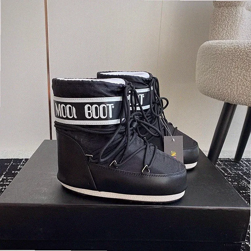 Moon Boot Women Low Top Strap Snow Boots Warm Luxury black / white / silver