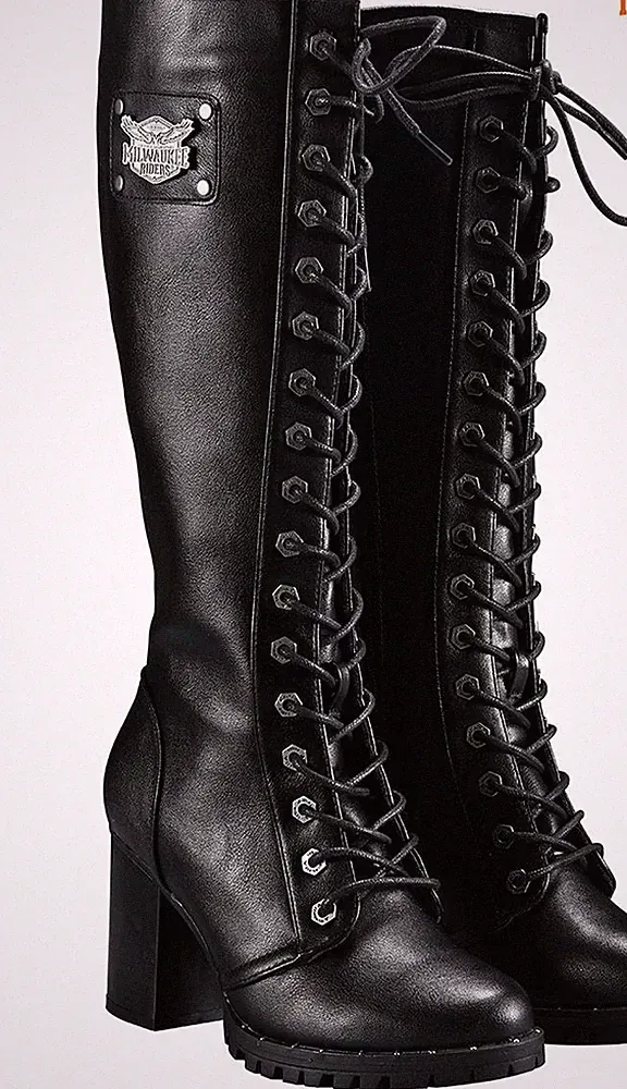 Motorcycle Ladies Knee High Laced Riding PVC Boots over the Knee Waterproof Blk