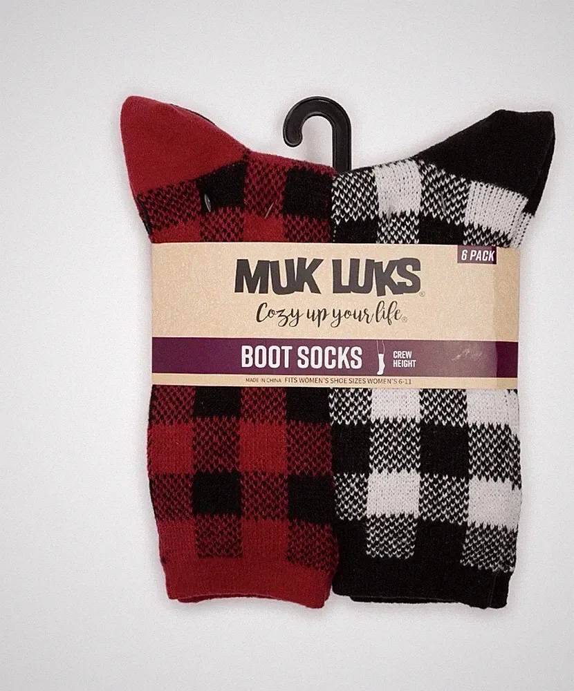 Muk Luks 6-Pack Womens Socks Shoe Size 6-11 Crew Height Red/Red Checked Multi