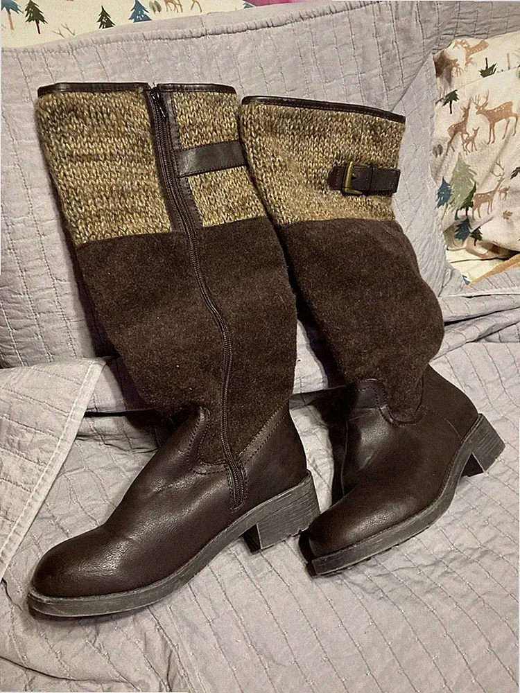 Muk Luks Brown Faux Leather/Knit Boots Size 7 Lined, Side Zip 16” Shaft