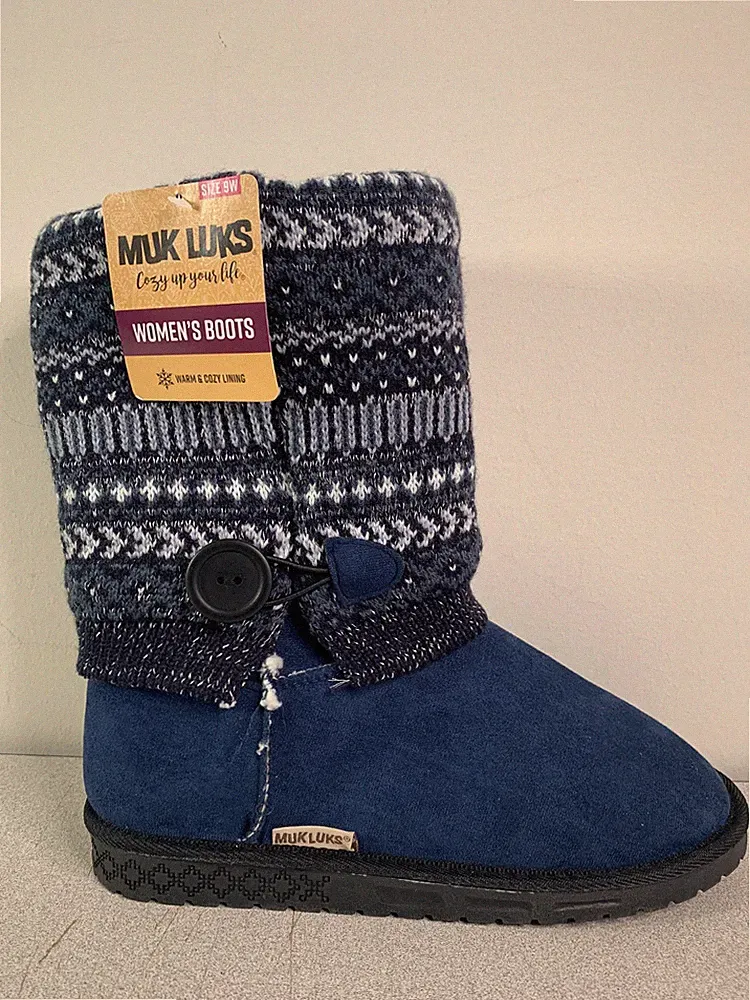 MUK LUKS Cozy Janie Knit Cuff Mid-Calf Sherpa Lined Boot Blue Womens 9 Wide