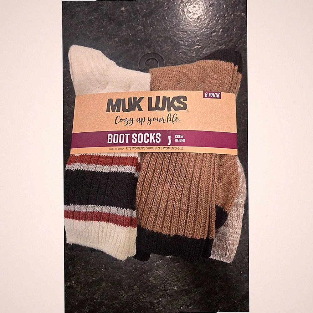 Muk Luks Women's Boot Socks 6 Pack Crew Height Brown Black White Striped 6-11