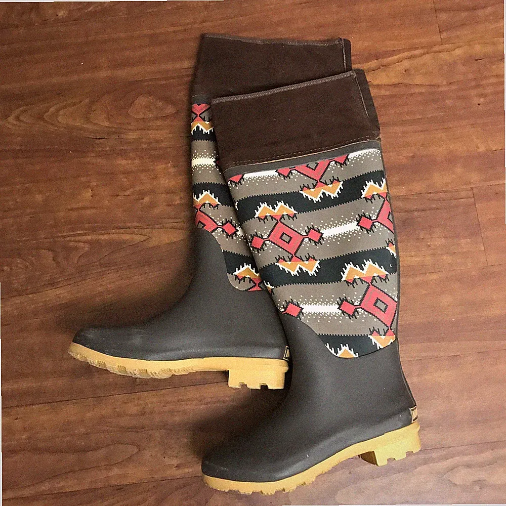 MUKLUKS Rainey Southwest Brown Rubber Aztec 17" Tall Snow Rain Boots Womens Sz 6