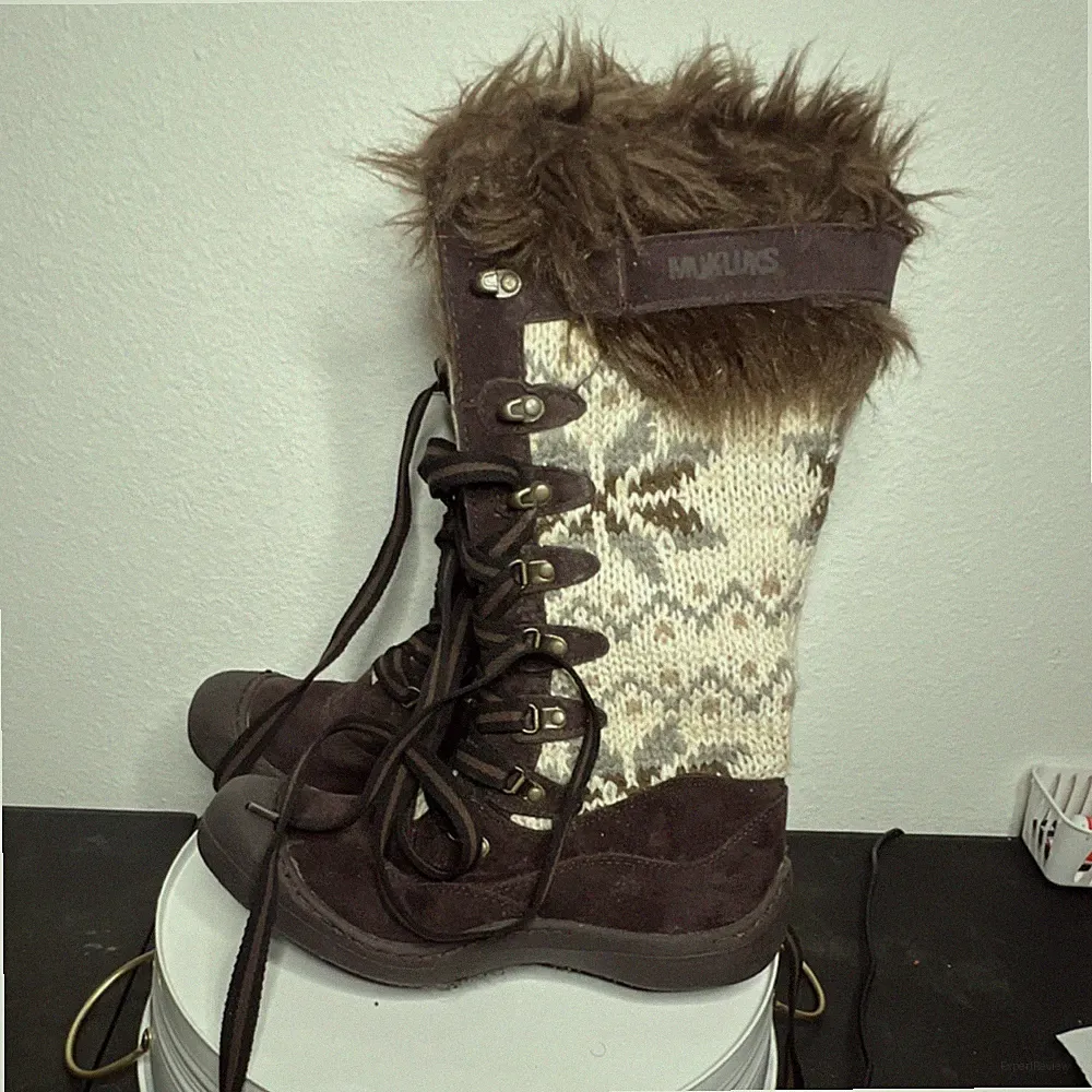 Mukluks Women's Faux Fur Knit Suede Mid-Calf Snow Boots Brown Cream Lace Up 7