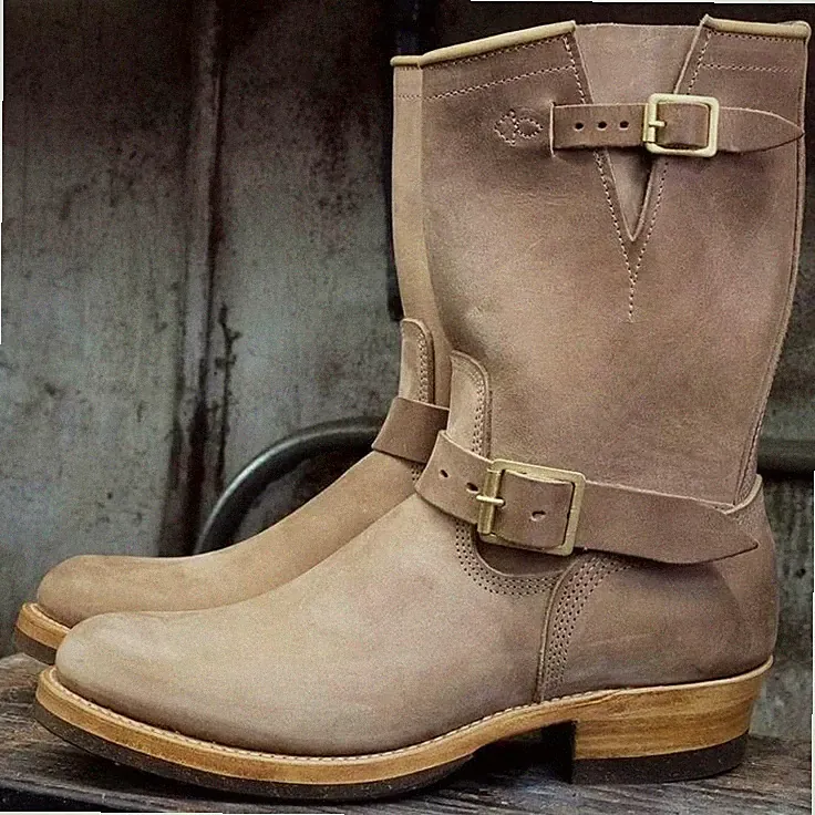 Natural Sole Men's Cream Combat Suede Engineer Motorcycle Biker Boot Long Hight