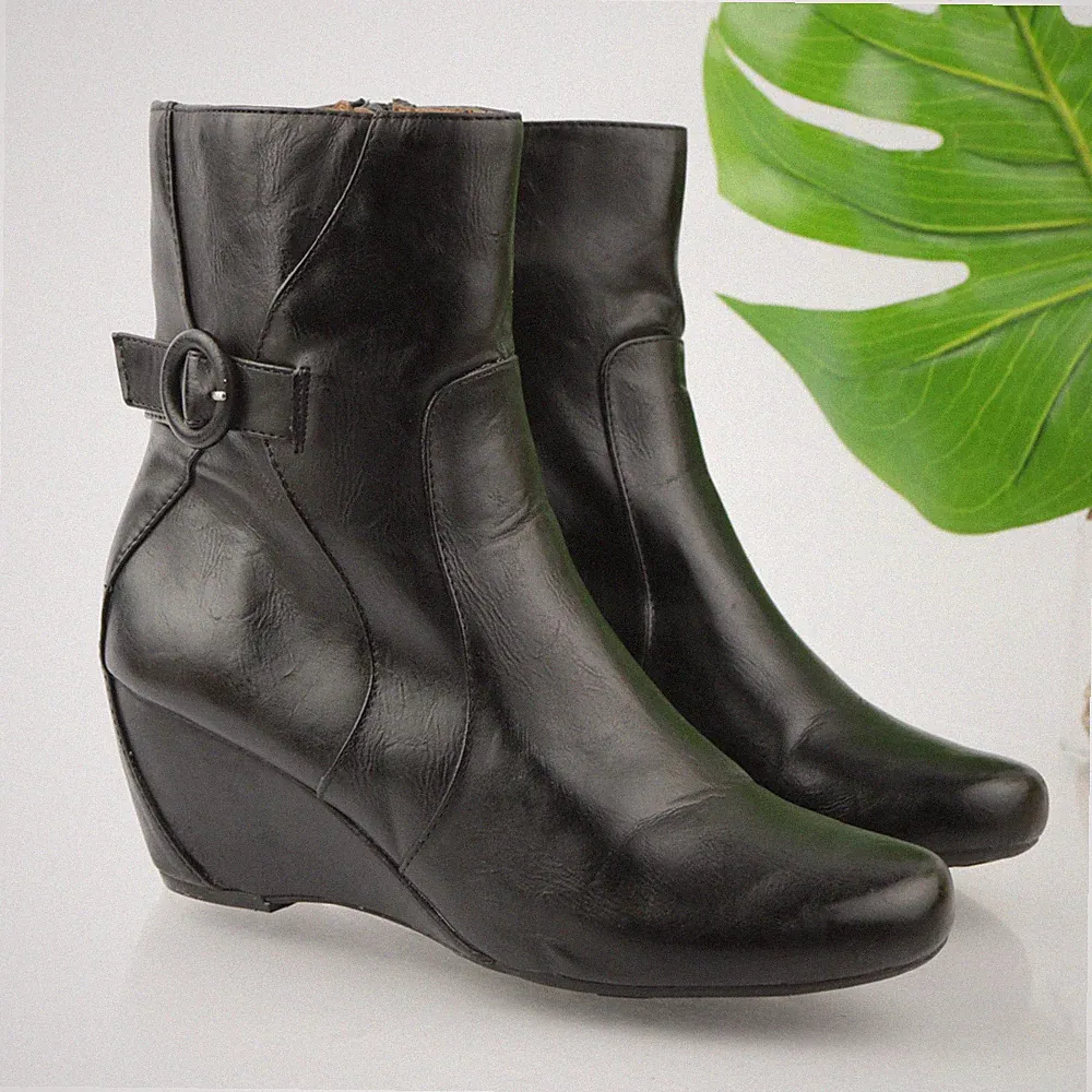Natural Soul Womens Emma Boot Size 9.5 Black Wedge Heel Booties Buckle Vegan
