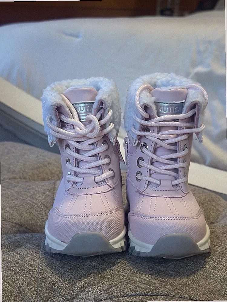 Nautica Girls' Pink Fur Trim Lace Up Faux Fur Lined Slip Resistant Snow Boots