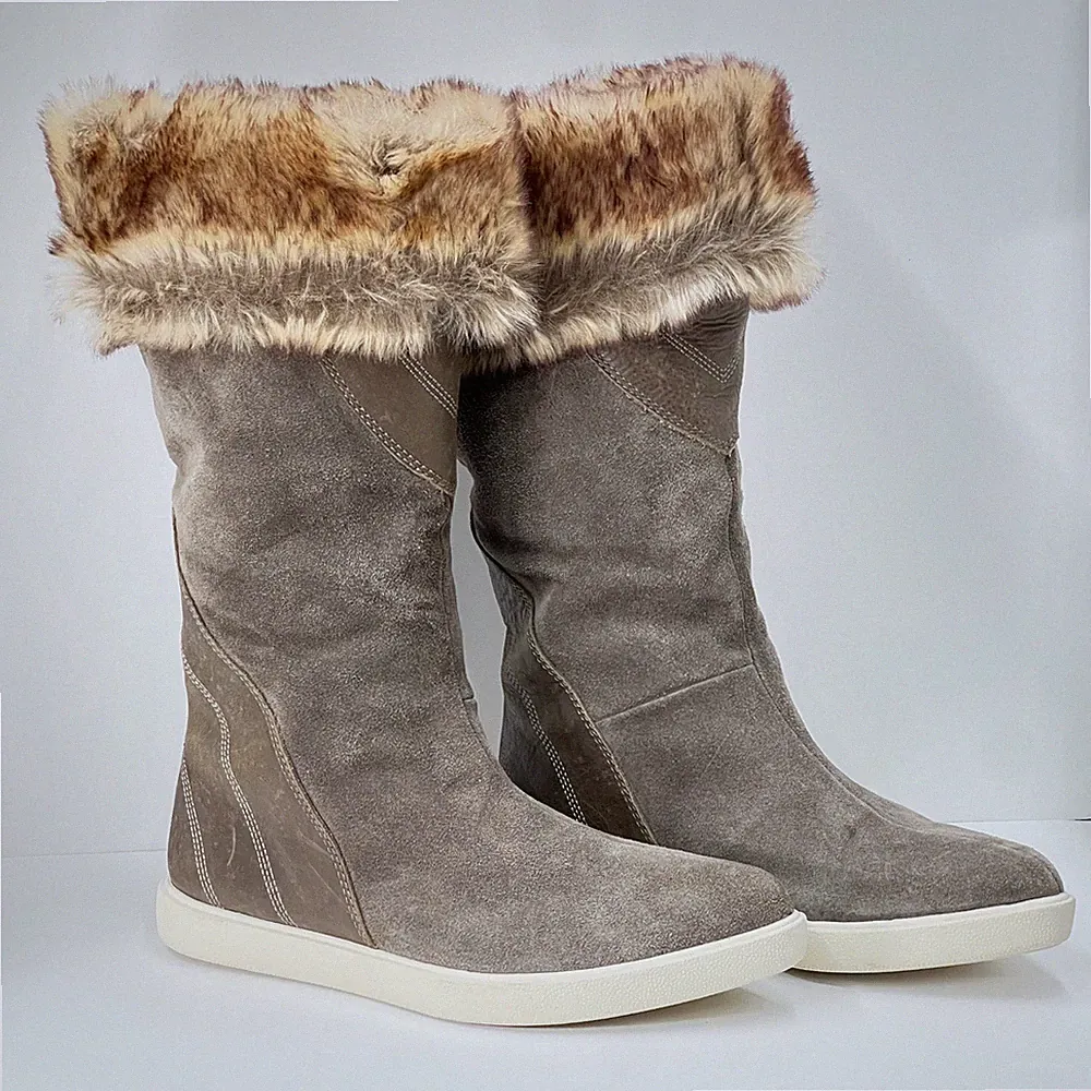 Naya Womens Taupe Suede Faux Fur Trim Pointed Toe Mid Calf Flat Boots Size 8M