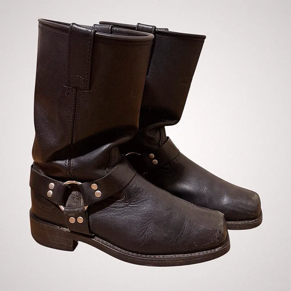 Neoprene Men’s Black Leather Harness Mid-Calf Pull-On Square Toe Boots US 9