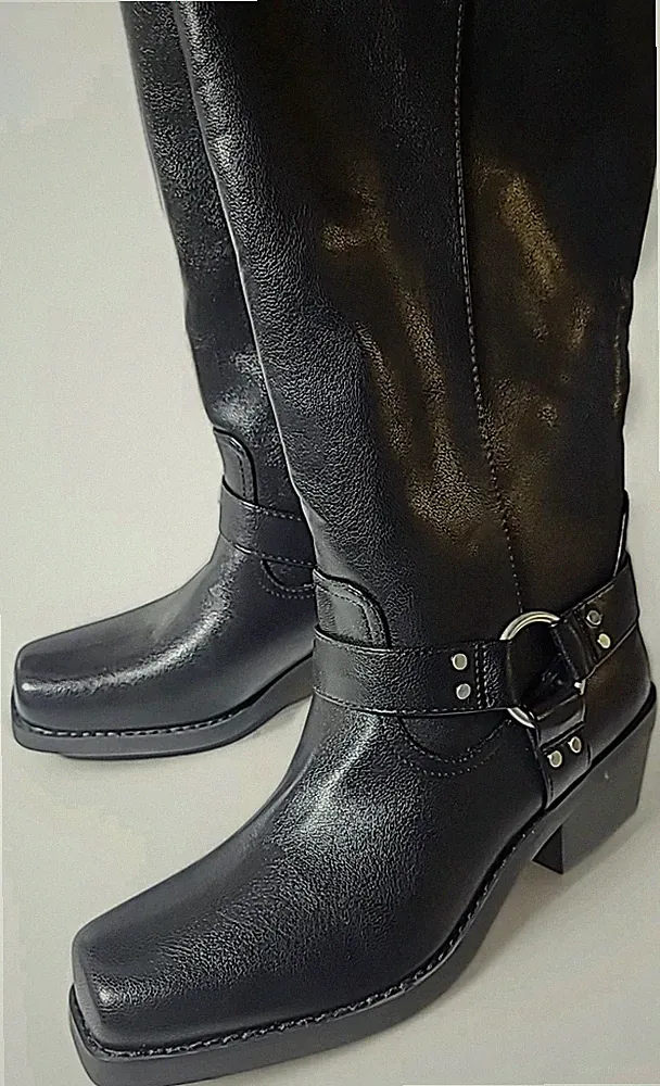 New Black Knee High Vegan Leather Harness Biker Moto Engineer Boots 8.5 Festival