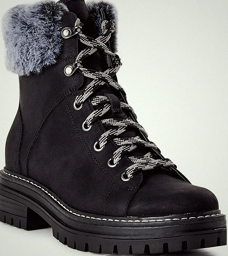 New Black Lace-Up Hiking Boots Faux Fur Cuff Size Women’s 12W Memory Foam