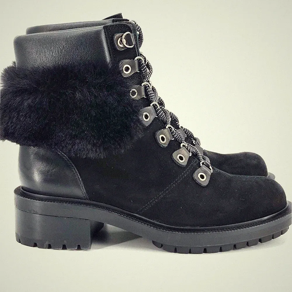 New Botkier Madigan Suede Leather Faux Fur Black Hiking Boots Womens Size 5.5