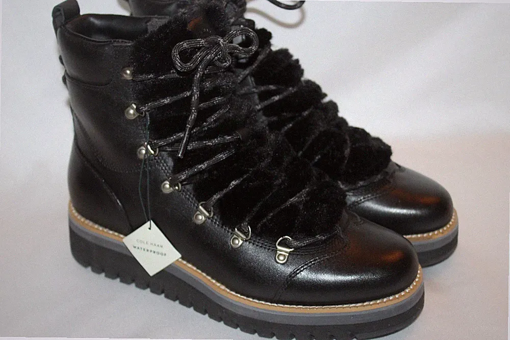 NEW! COLE HAAN GrandExplore Black Leather Faux Fur Hiking Trail Ankle Boots 7.5