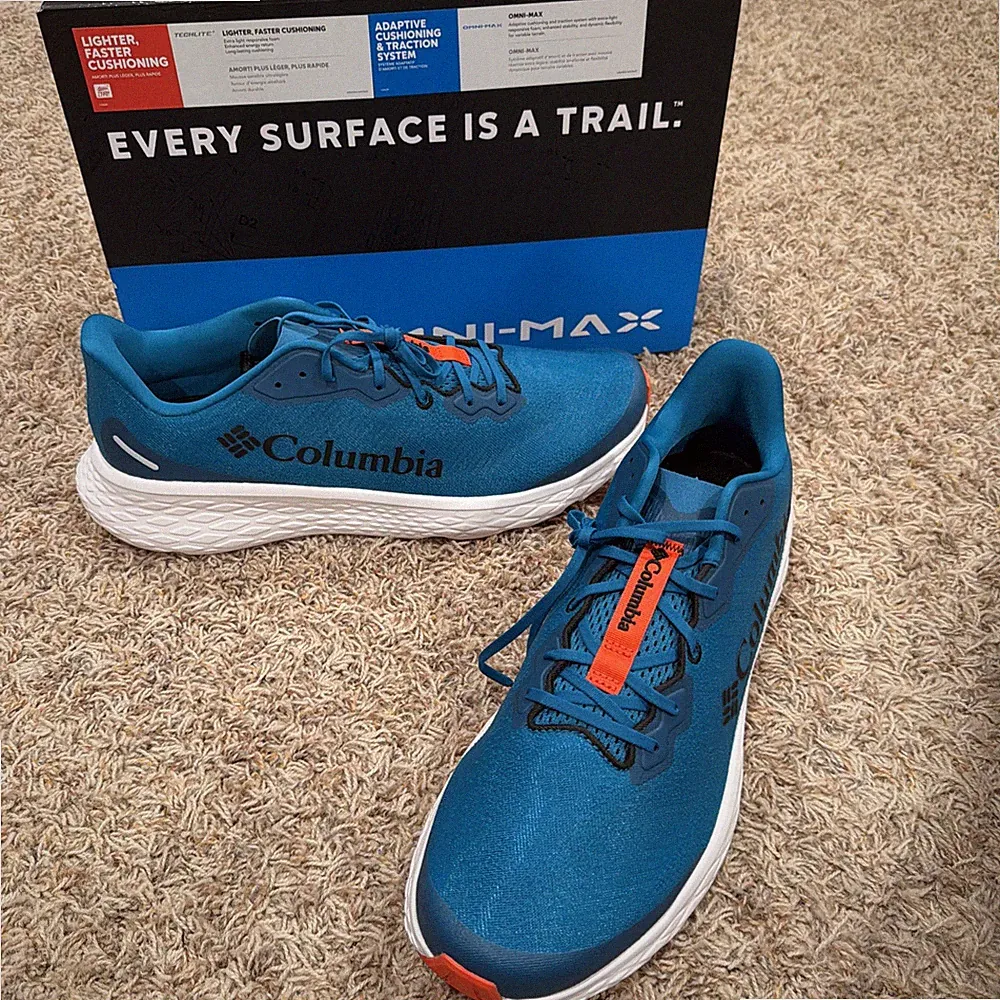 New! Columbia Konos Trail Running Shoes #YM6466-462 Blue/Black/Orange Mens Sz 15