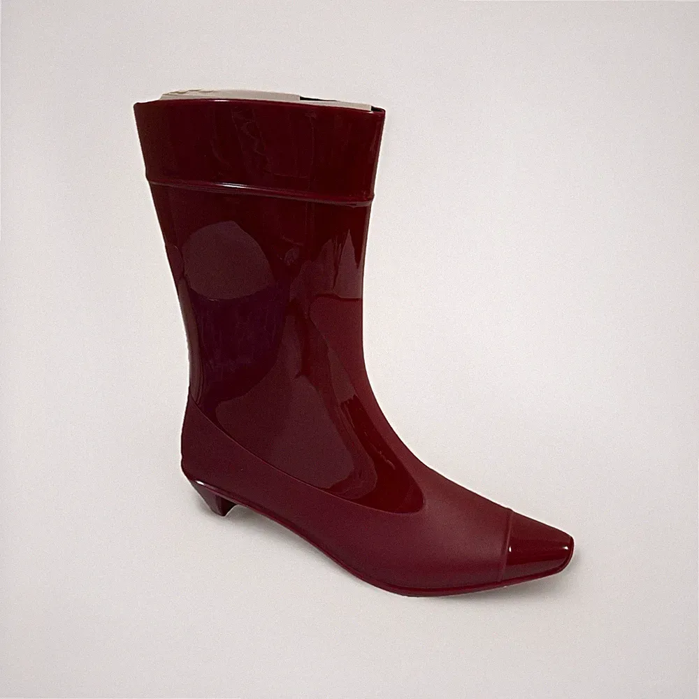 NEW Jeffrey Campbell Drench Cap Toe Kitten Heel Rain Rubber Boots Red Combo Sz 7