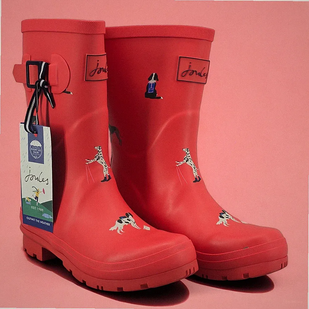 New Joules Rain Boots Mid Calf Molly Welly Print Hike Dogs Red Size US: 5 UK: 3