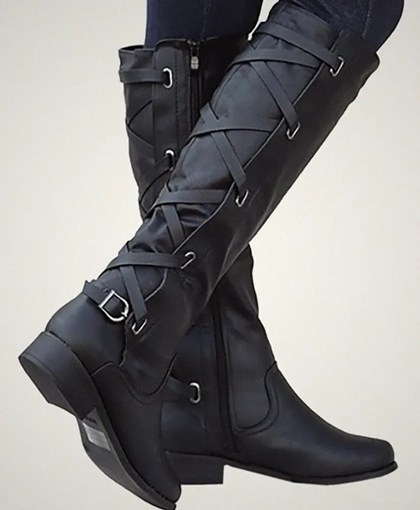 NEW Kyktkmx Women SZ 11 Strappy Motorcycle Knee High Boots Lace Up Riding Flats