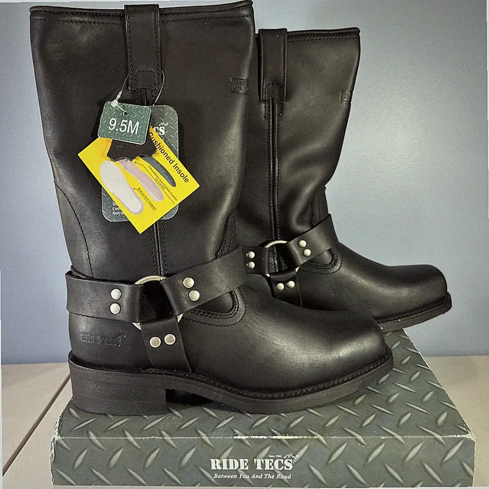 NEW Mens 9.5 M Ride Tecs Leather Boots Motorcycle Harness Biker Boot BLK 1442/M