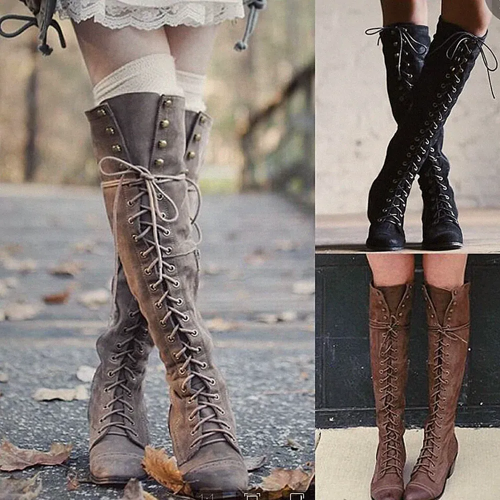 New Mens Women Lace Up Knee High Rivet Long Boots Motorcycle Combat Riding Shoes