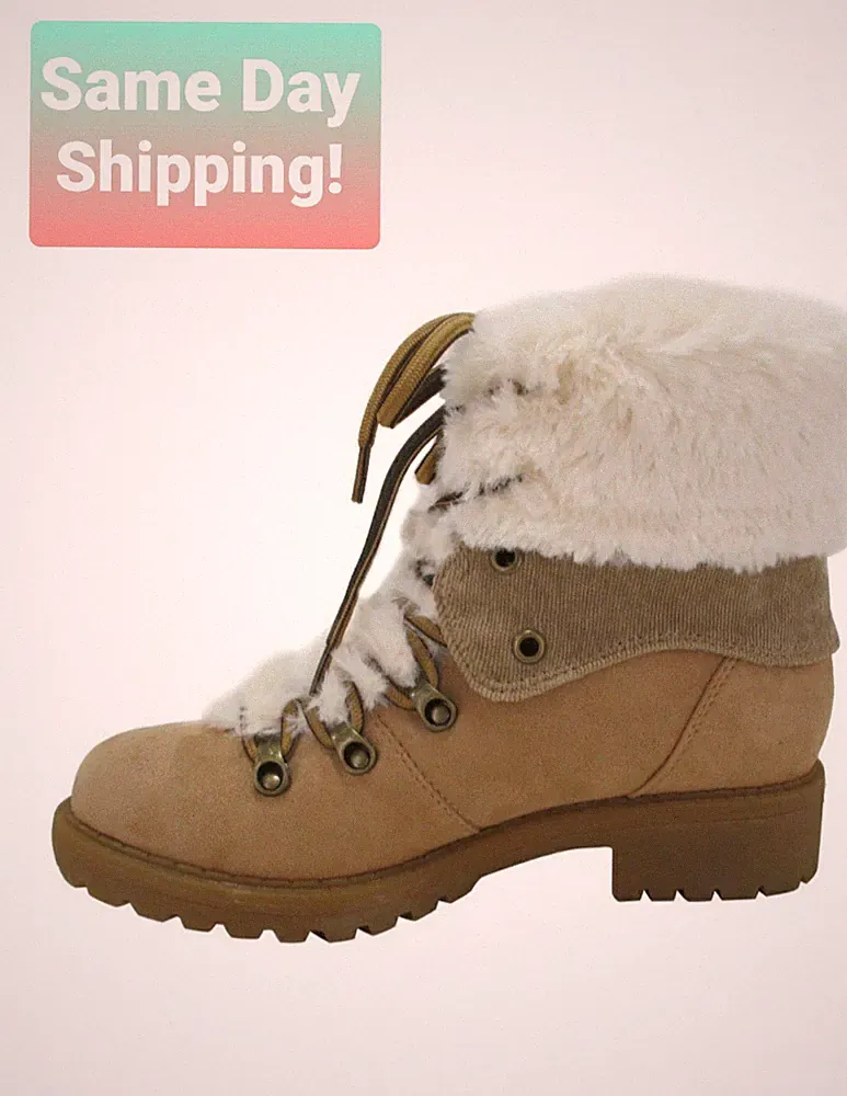 NEW! Pop Women's Faux Fur Tan Kraft Hiking Boots Block Heel Sz 6 Same Day Ship