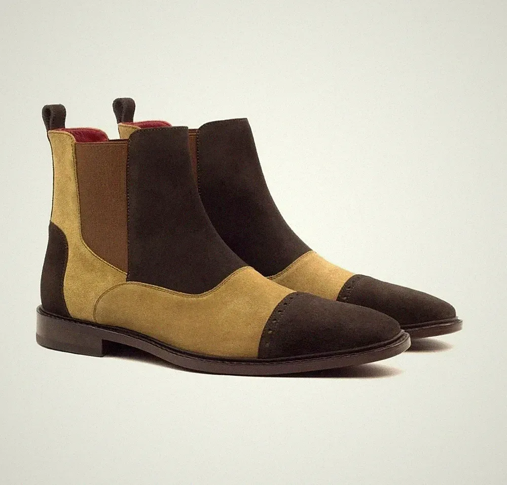 New Pure Handmade Men's Genuine Tan And Brown Suede Dress Formal Chelsea Boots