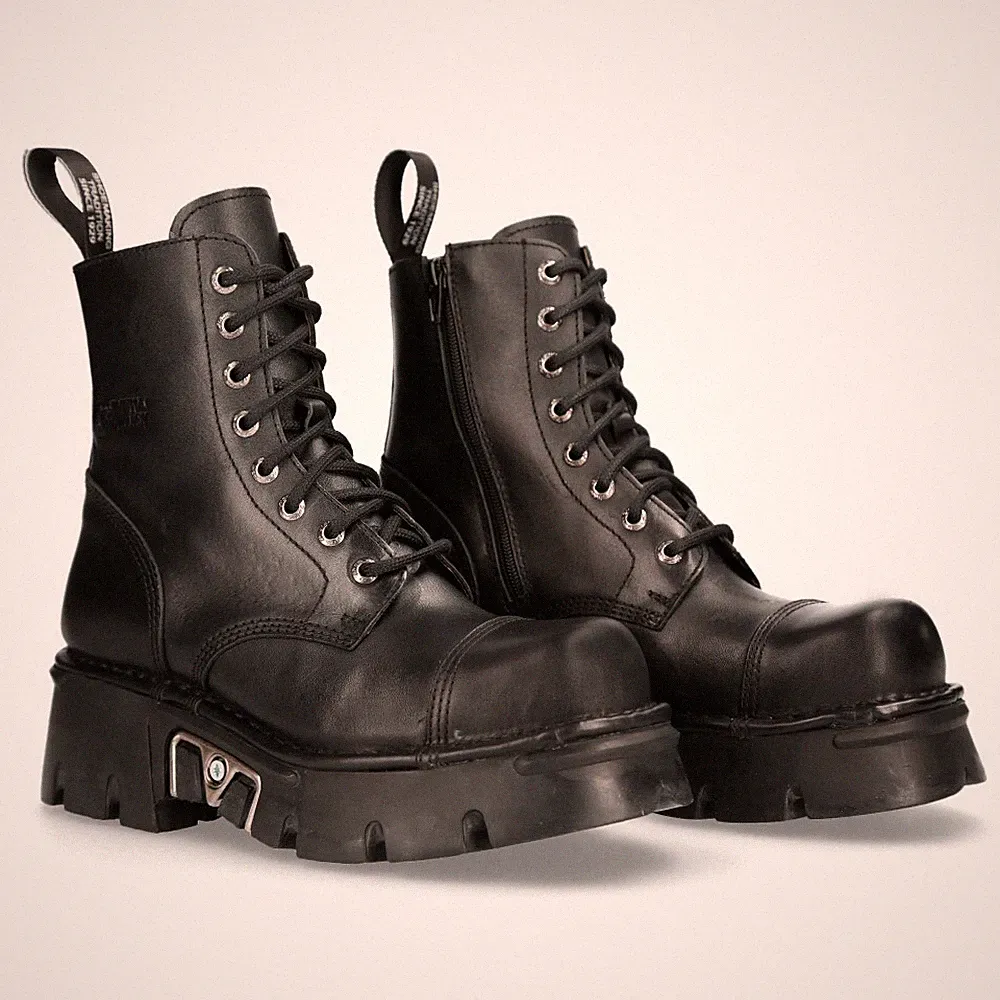 NEW ROCK M-NEWMILI083-S19 COMBAT BOOTS Black Leather Military Biker Shoes