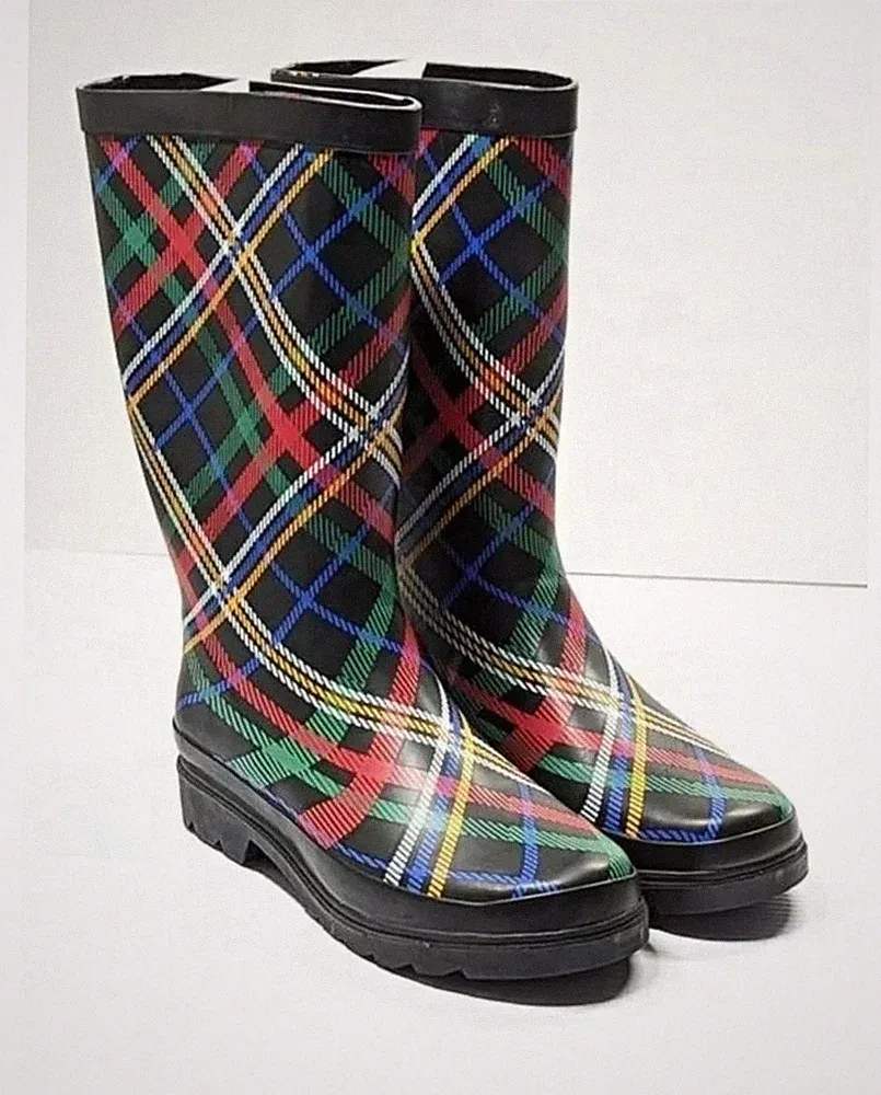 New Sugar Women Raffle 4 Multi Black Rubber Rain Boots Plaid Calf Preppy Sz. 11
