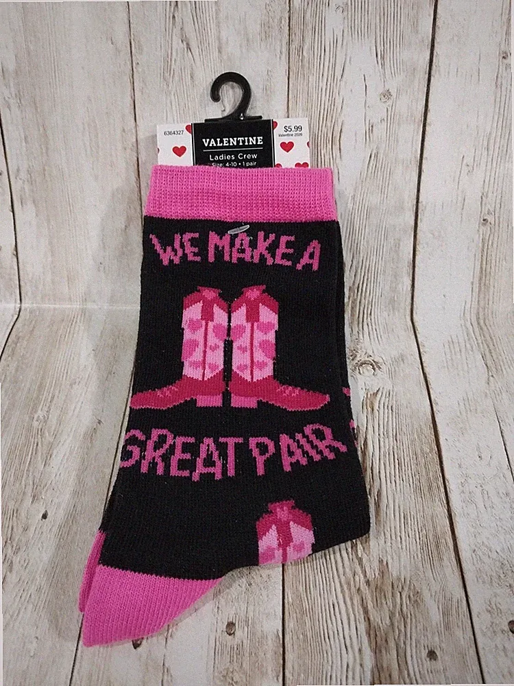 New "We Make a Great Pair" Cowboy Boots Hearts Valentine's Day Womens Crew Socks
