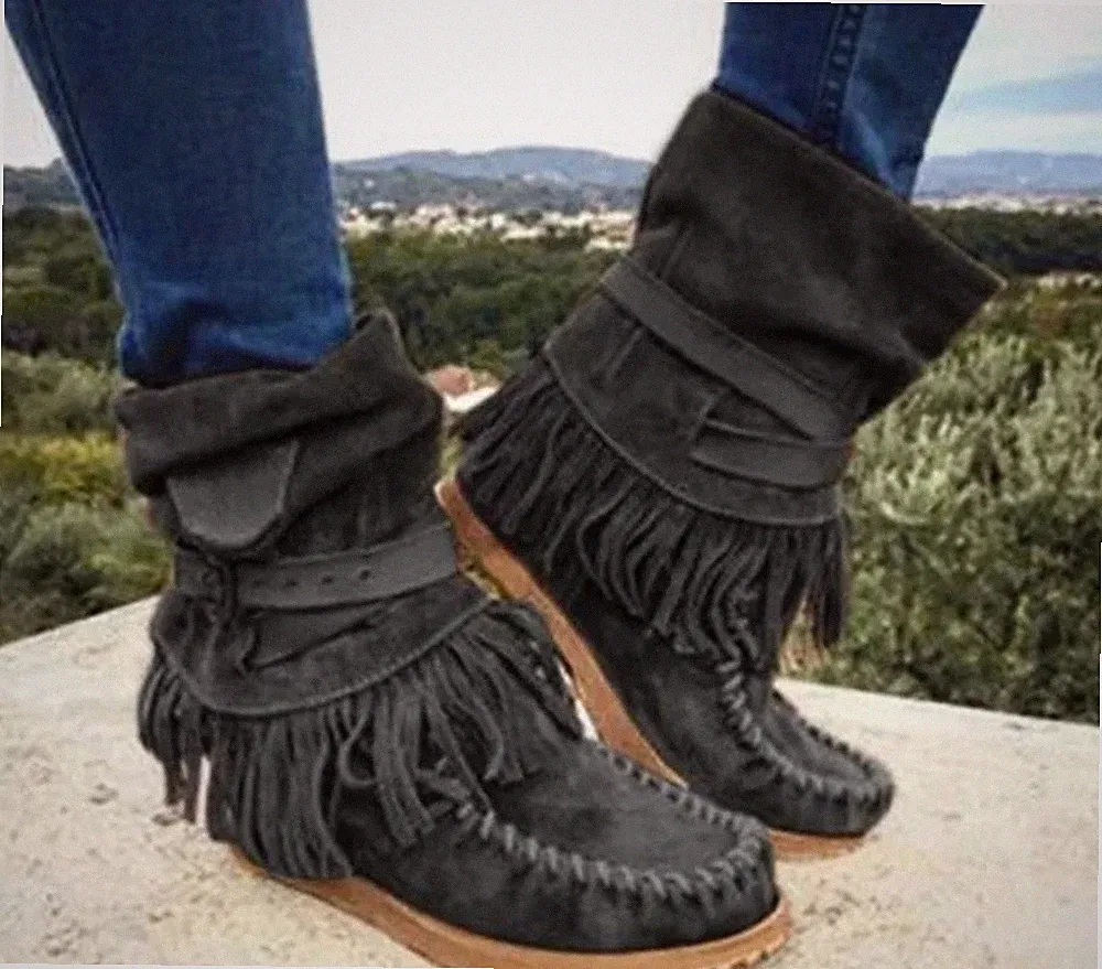 NEW Women's 8.5 Faux Suede Purple Fringed Buckle Flat Non-slip Sole Warm Lining