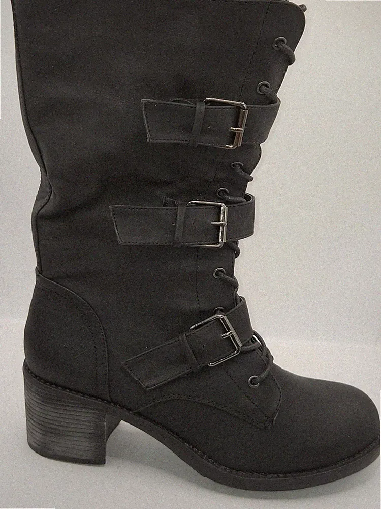 New Womens Black FRH Mid Calf Boots Buckles Size 8.5 Combat Motorcycle Biker
