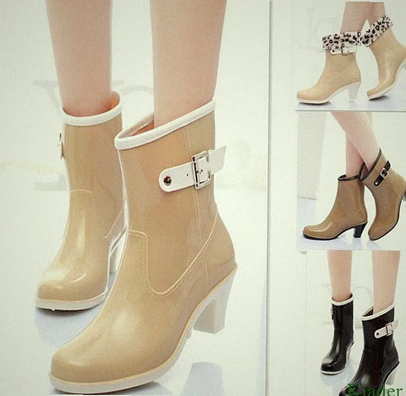 New Womens Waterproof Med Calf Rain Boots Block Med Heels Antiskid Rubber Shoes
