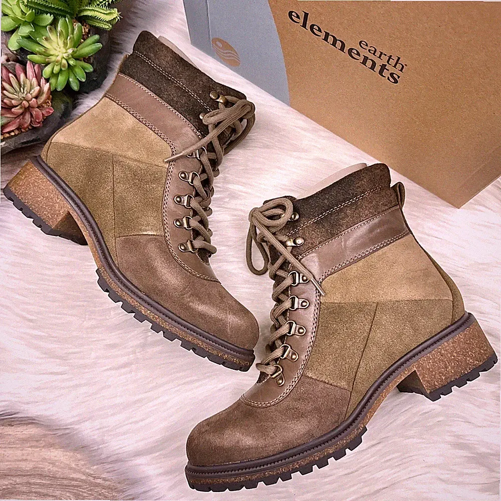 NIB Earth Elements Tessa Lace Up Combat Hiker Boots Leather 8.5M 40 Mushroom