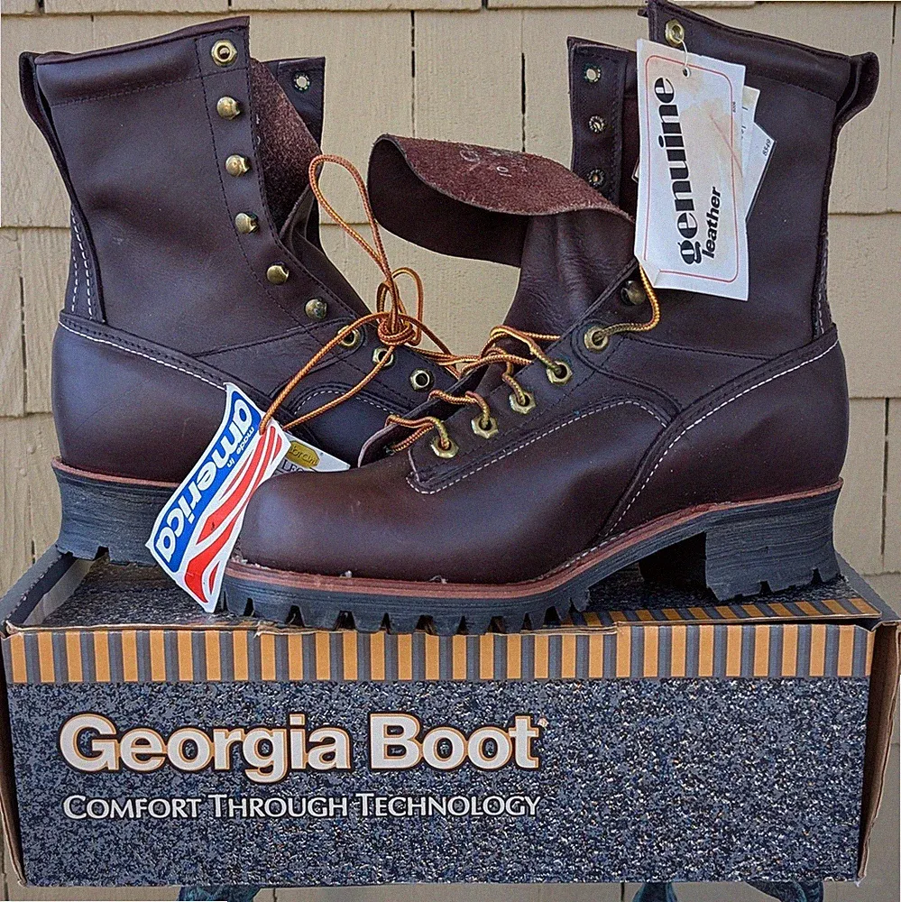 NIB USA Made NOS Vintage GEORGIA Vibram Sole "BLACK RASBERRY" Brown Logger Boots