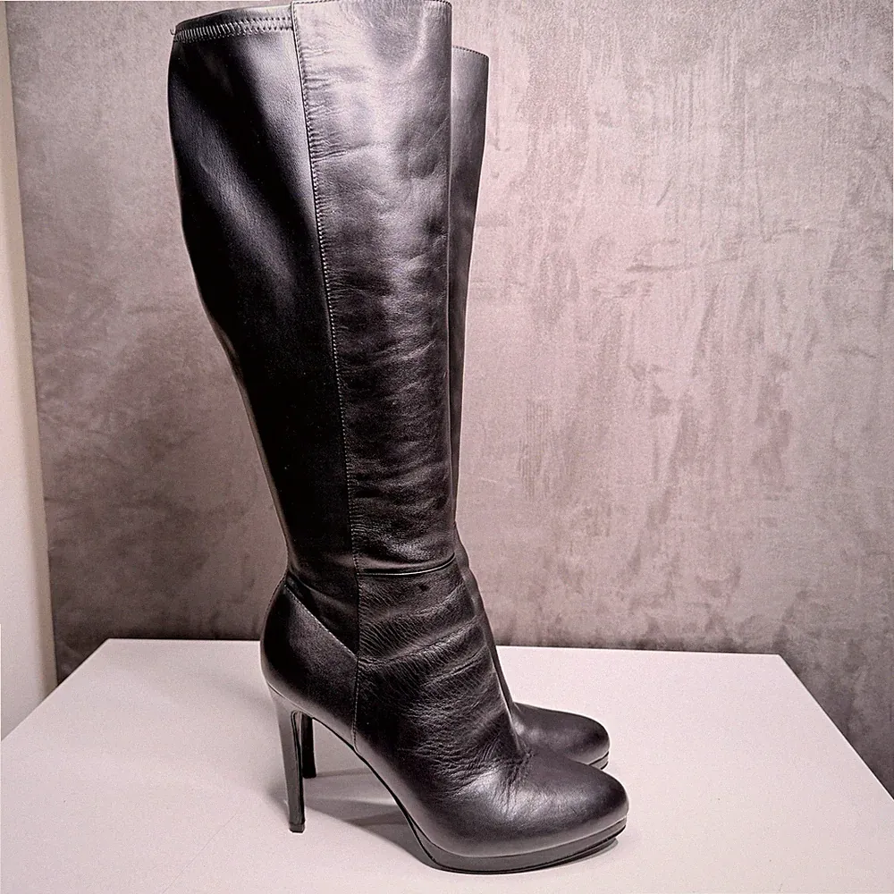 Nine West Knee High Boots Womens Sz 9 Black Leather Stiletto Platform Wide Calf