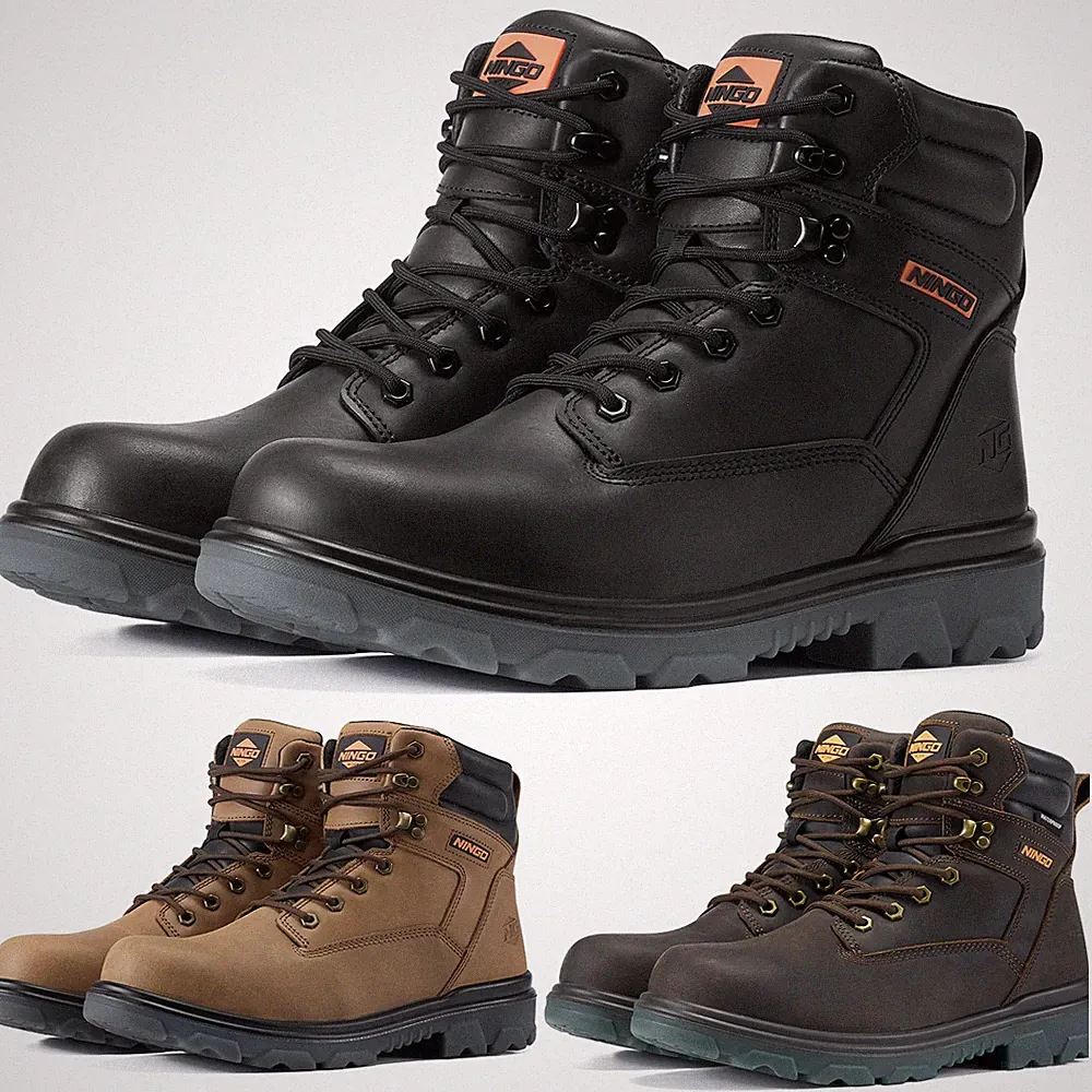 NINGO Men Steel Toe Waterproof Work Boot Leather Anti-Puncture Construction Boot